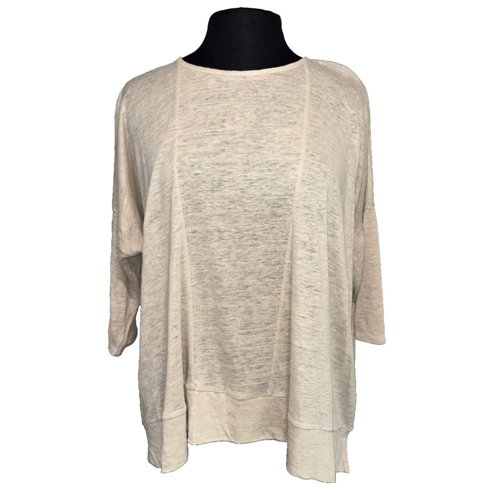 Focus Casual Life Womens 100% Linen Knit Top S Oatmeal Boxy 3/4 Sleeve NWT